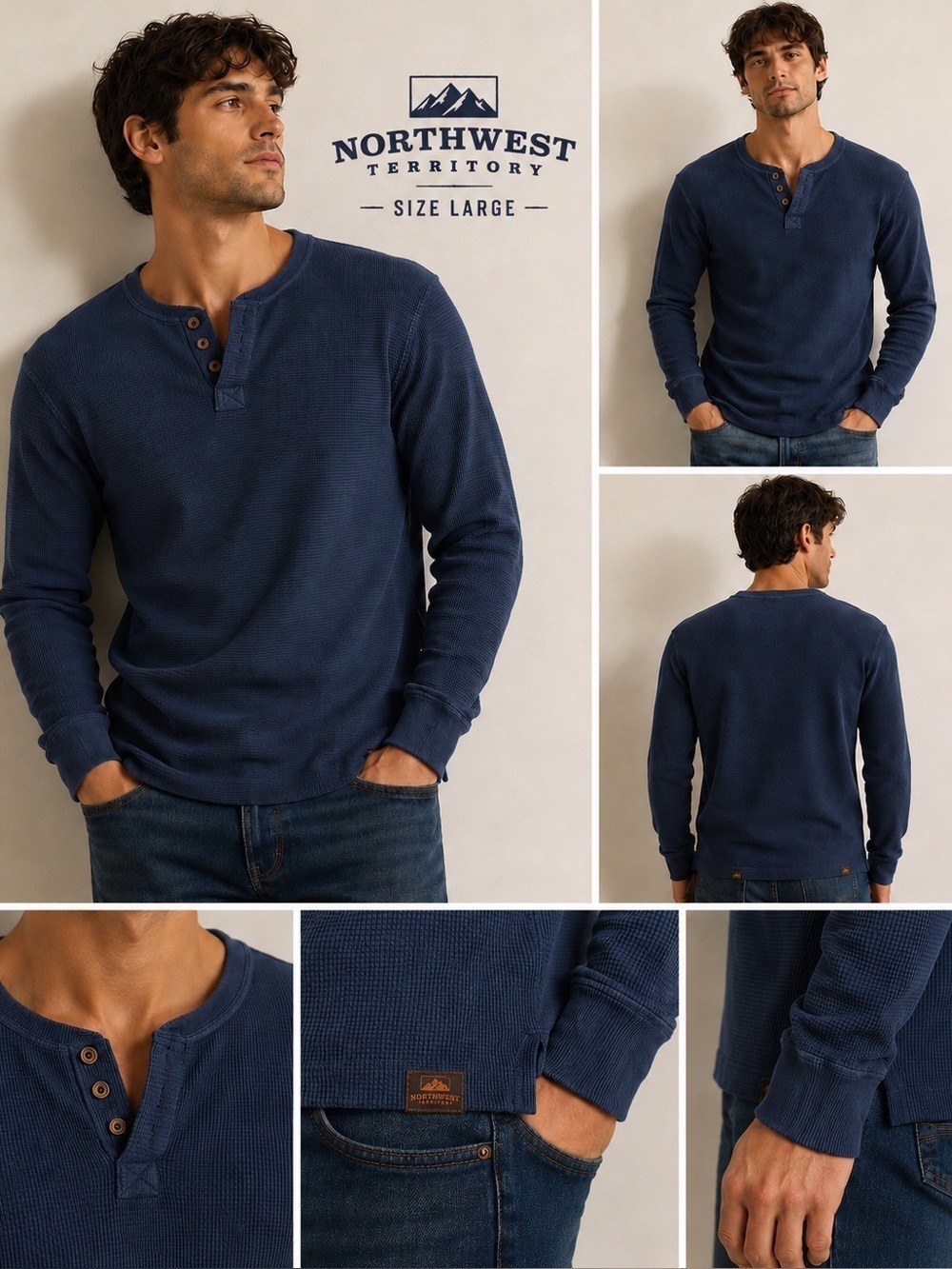Northwest Territory Waffle Knit Henley Men’s Size Large Navy Blue Long Sleeve